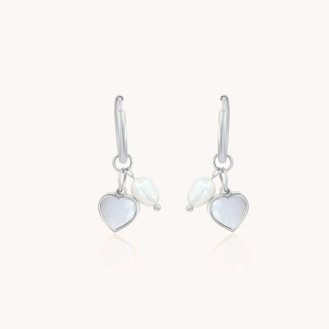Heart & Pearl Huggie Hoops, Silver