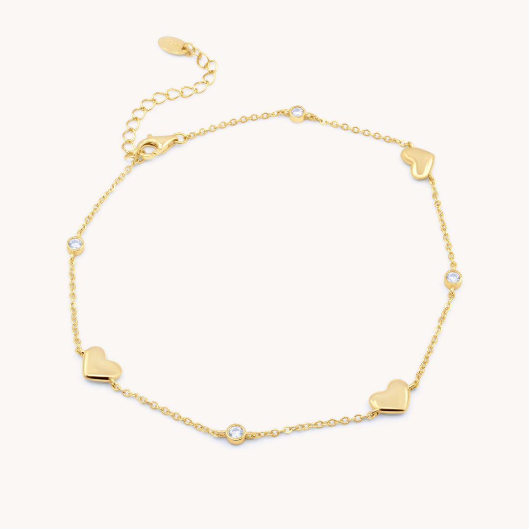 Sterling Silver Heart & Crystal Chain Anklet, Gold
