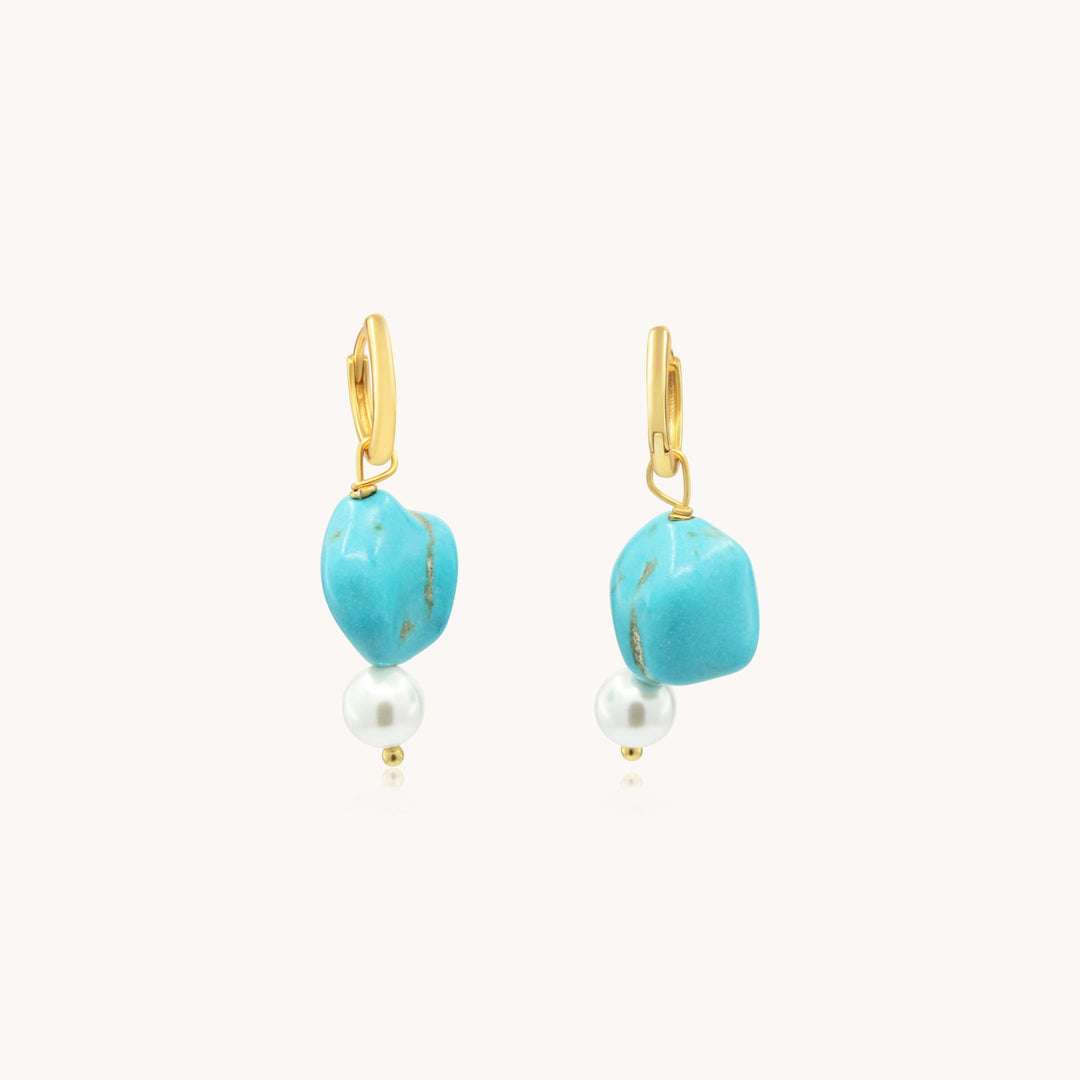 Sterling Silver Turquoise & Pearl Drop Huggie Earrings, Gold