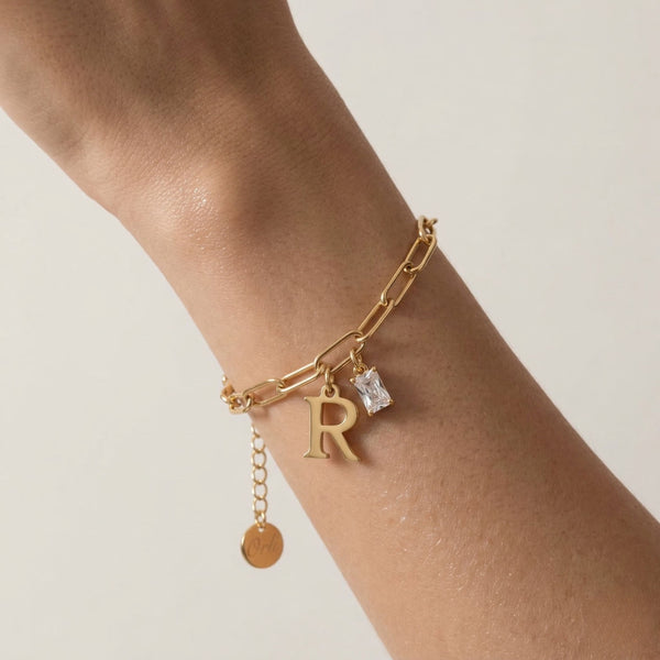 Initial & Birthstone Paperclip Chain Bracelet in Gold
