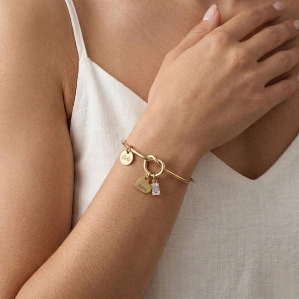 Mya Engravable Heart & Birthstone Knotted Bangle in Gold