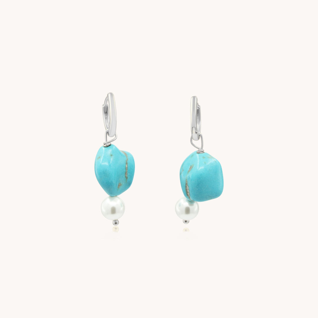 Sterling Silver Turquoise & Pearl Drop Huggie Earrings, Silver