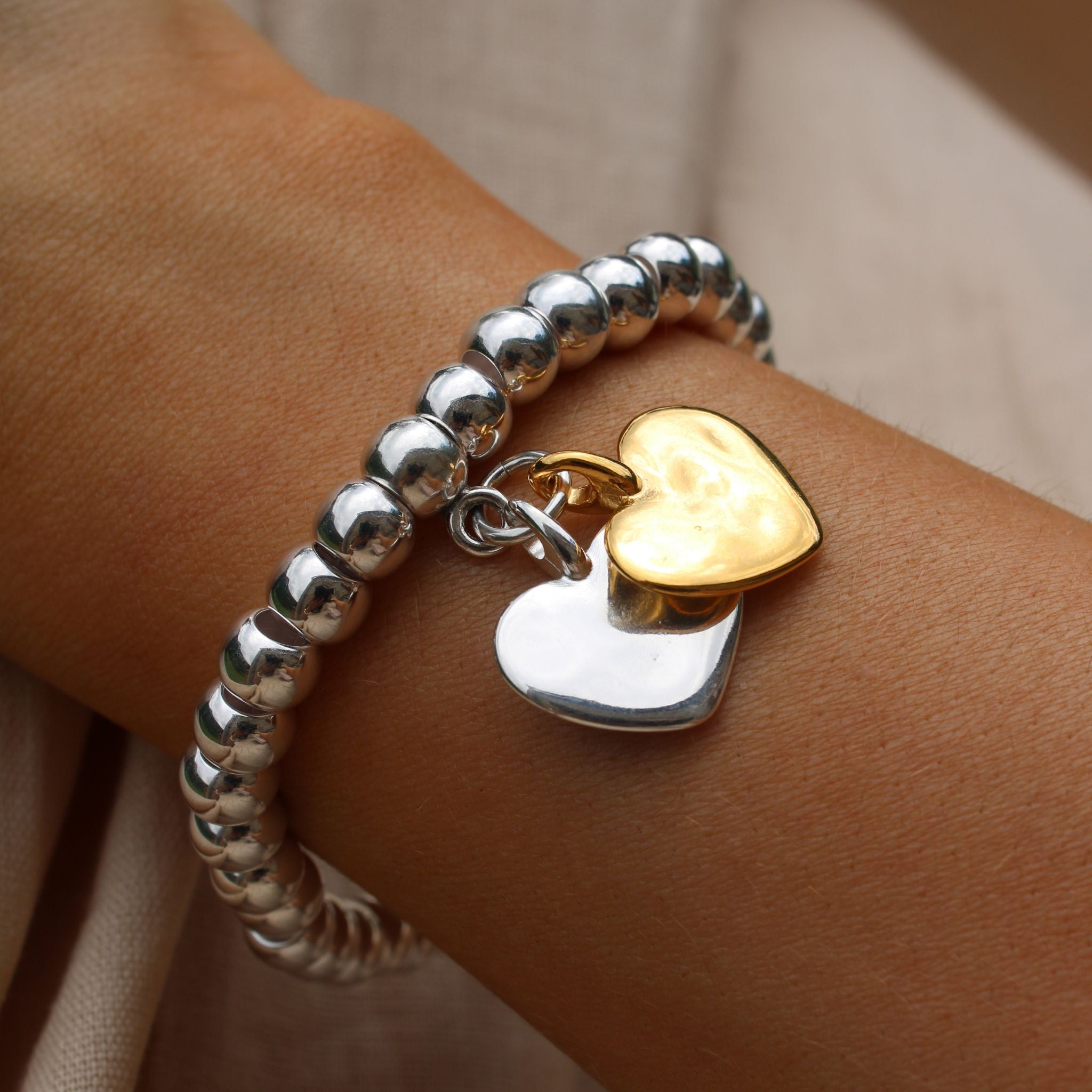 Twin Hayley Heart Chunky Beads Bracelet, Silver and Gold – Orli