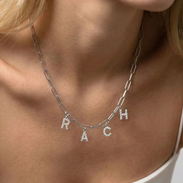 Paperclip Chain Crystal Initial Name Necklace, Silver