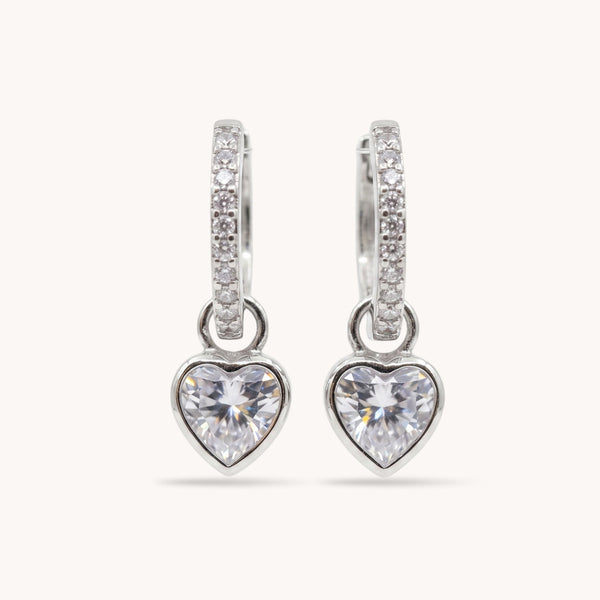 Crystal Heart Pavé Huggie Hoop Earrings in Silver