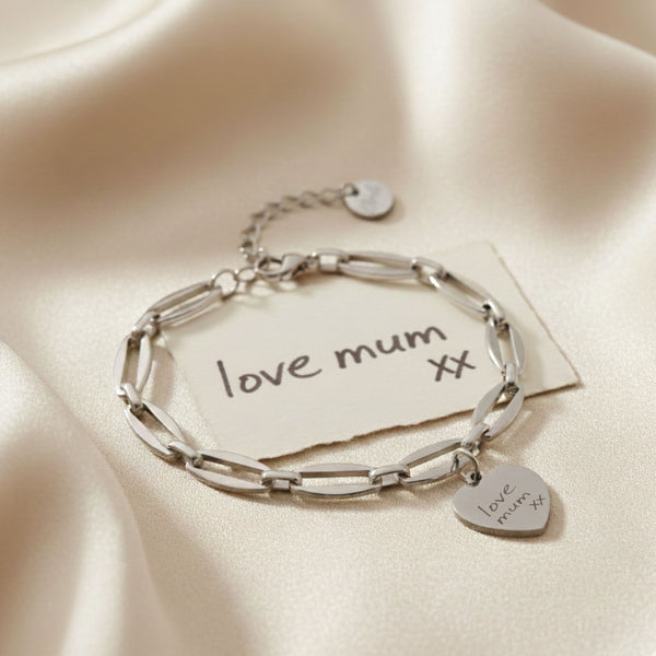 Handwritten Engravables- Classic Heart Long Link Bracelet in Silver