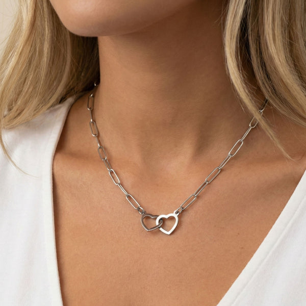 Interlinked Heart Paperclip Necklace in Silver