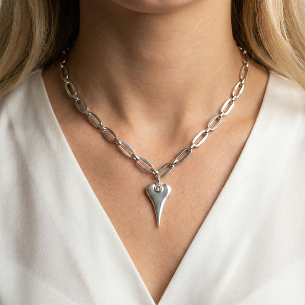 Hourglass Heart and Birthstone Long Link Necklace in Silver