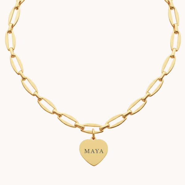 Classic Heart Engravable Long Link Necklace in Gold