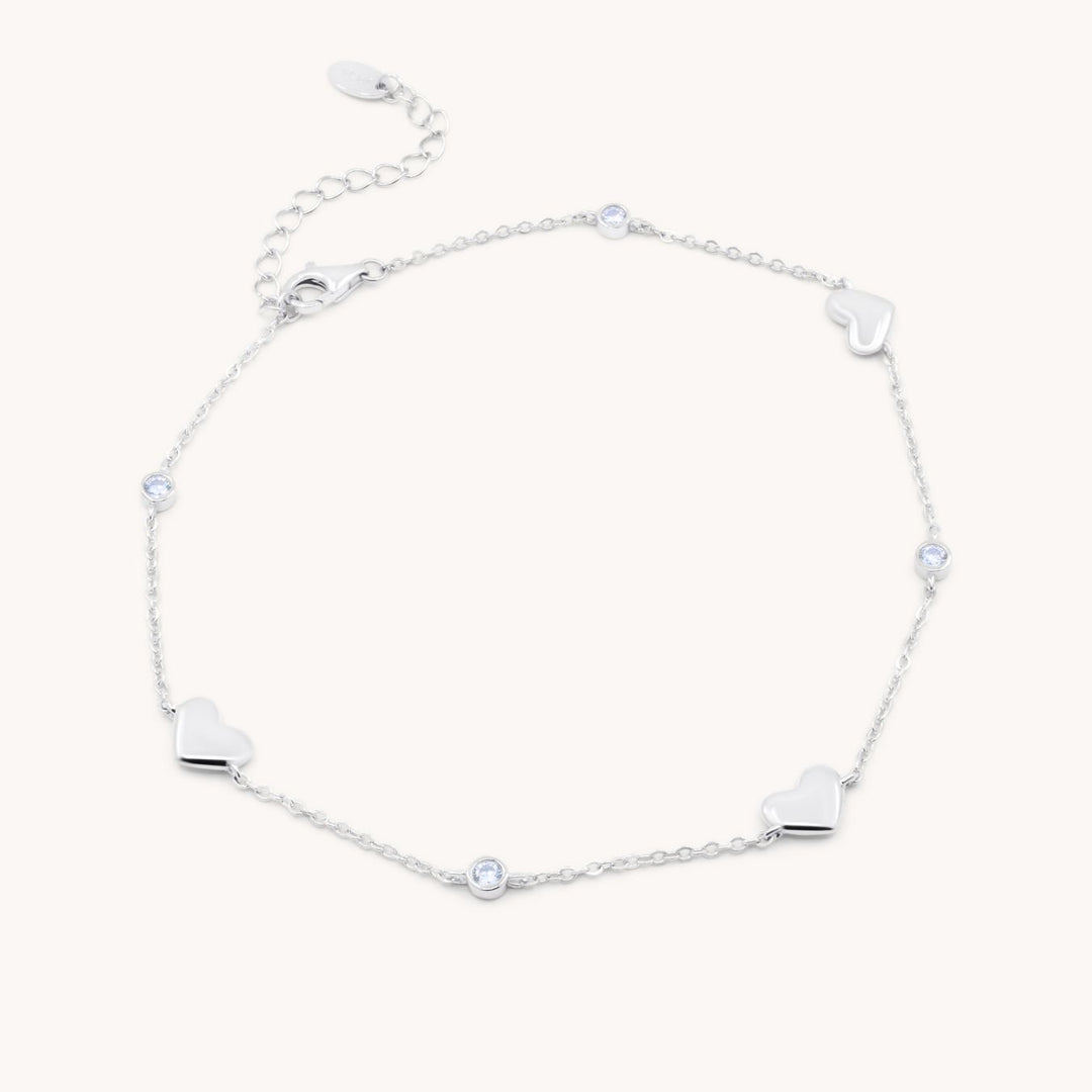 Sterling Silver Heart & Crystal Chain Anklet, Silver