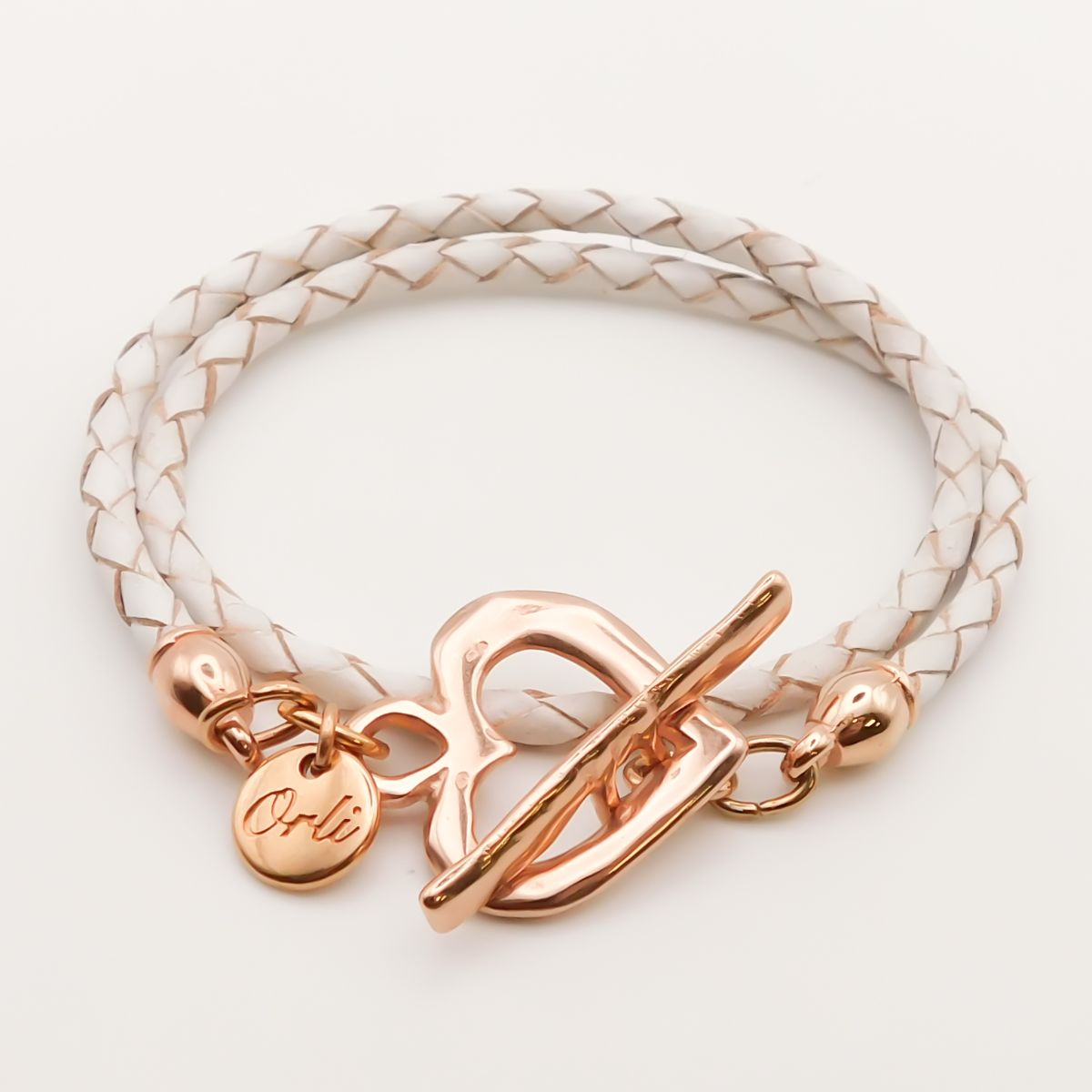 Pleated Leather Wrap Bracelet Rose Gold White Orli Jewellery