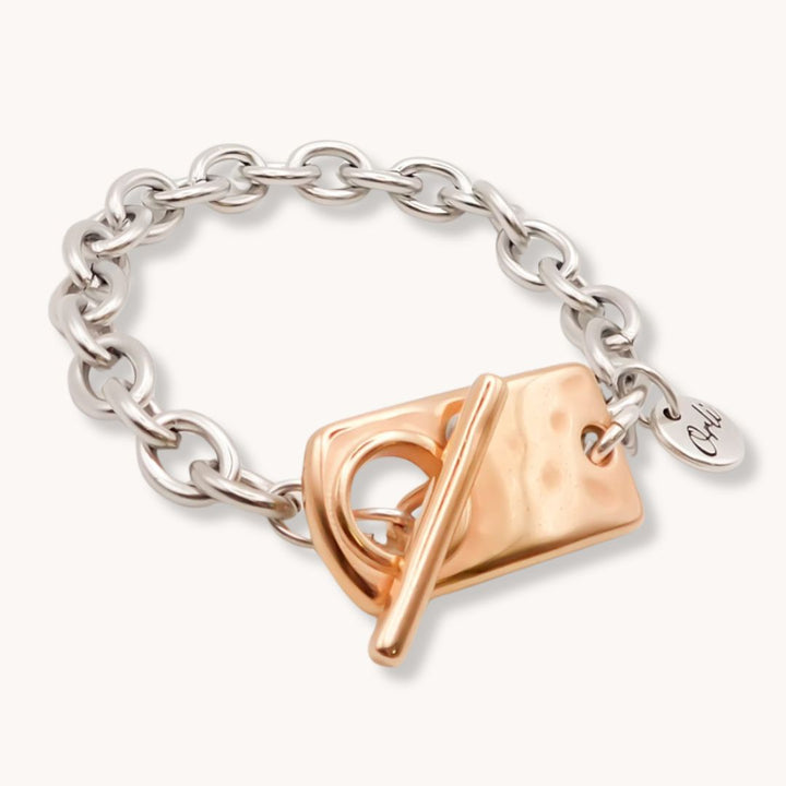 Hammered Rectangle T-Bar Bracelet, Silver & Rose Gold