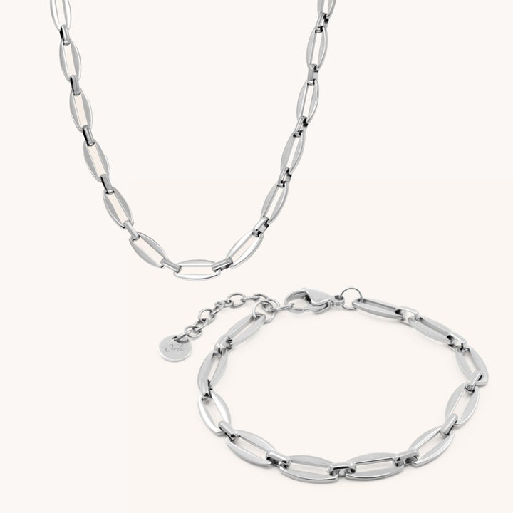 Long Link Necklace & Bracelet Bundle, Silver