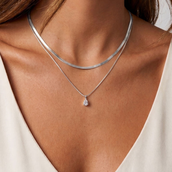 Layered Crystal Drop Necklace in Silver