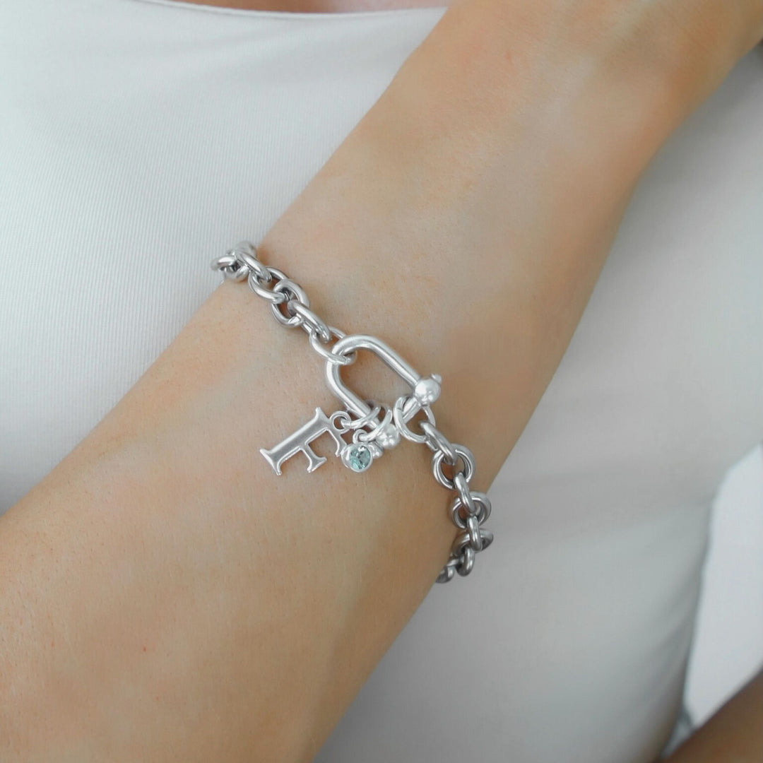 Initial & Birthstone Chunky Horsebit Bracelet, Silver