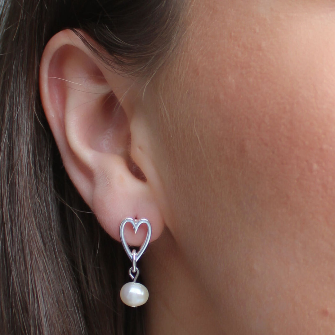 Open Heart and Pearl Stud Earrings