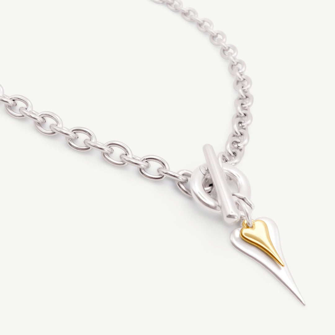 Hourglass Heart Chunky T-Bar Necklace, Silver & Gold