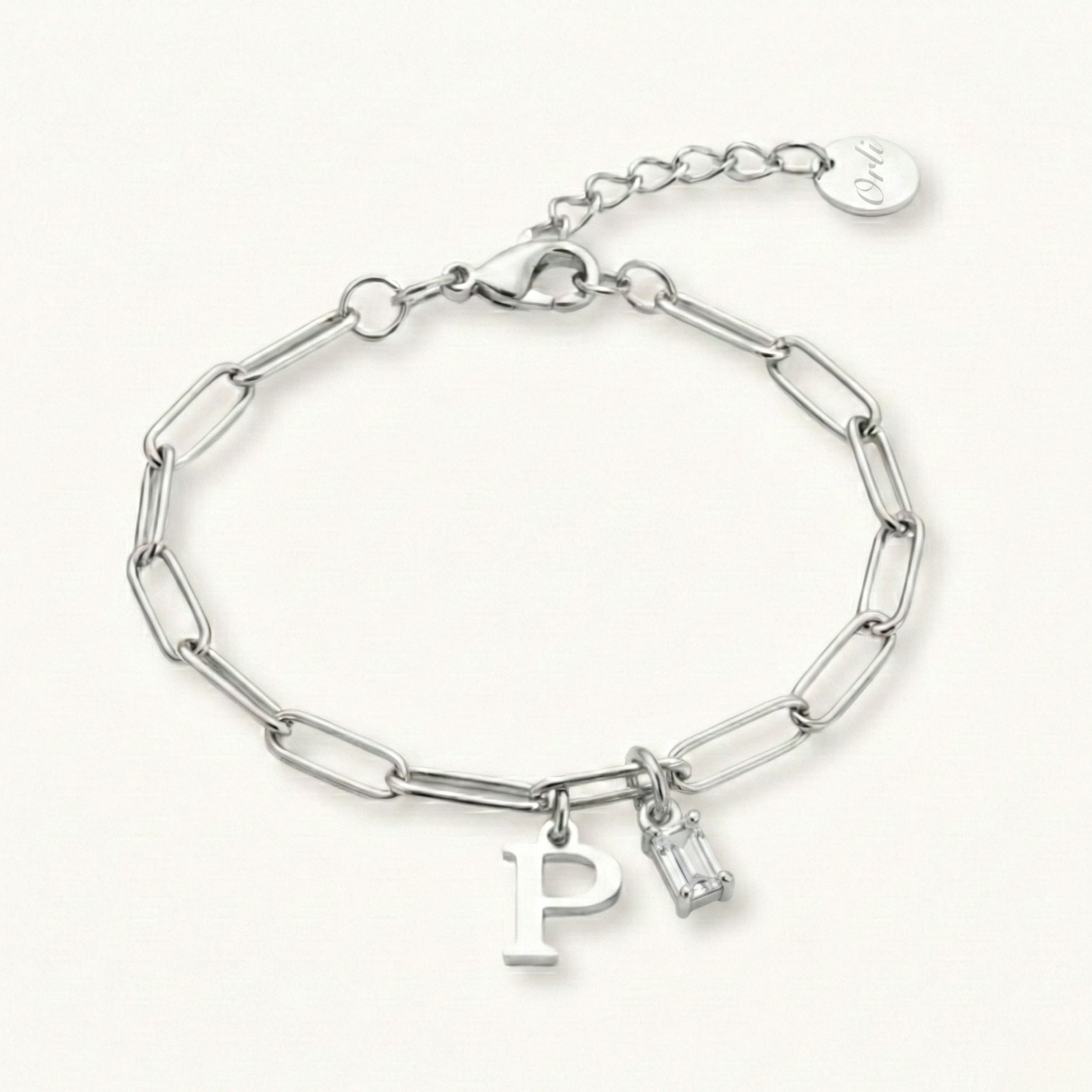 Initial & Birthstone Paperclip Chain Bracelet in Silver
