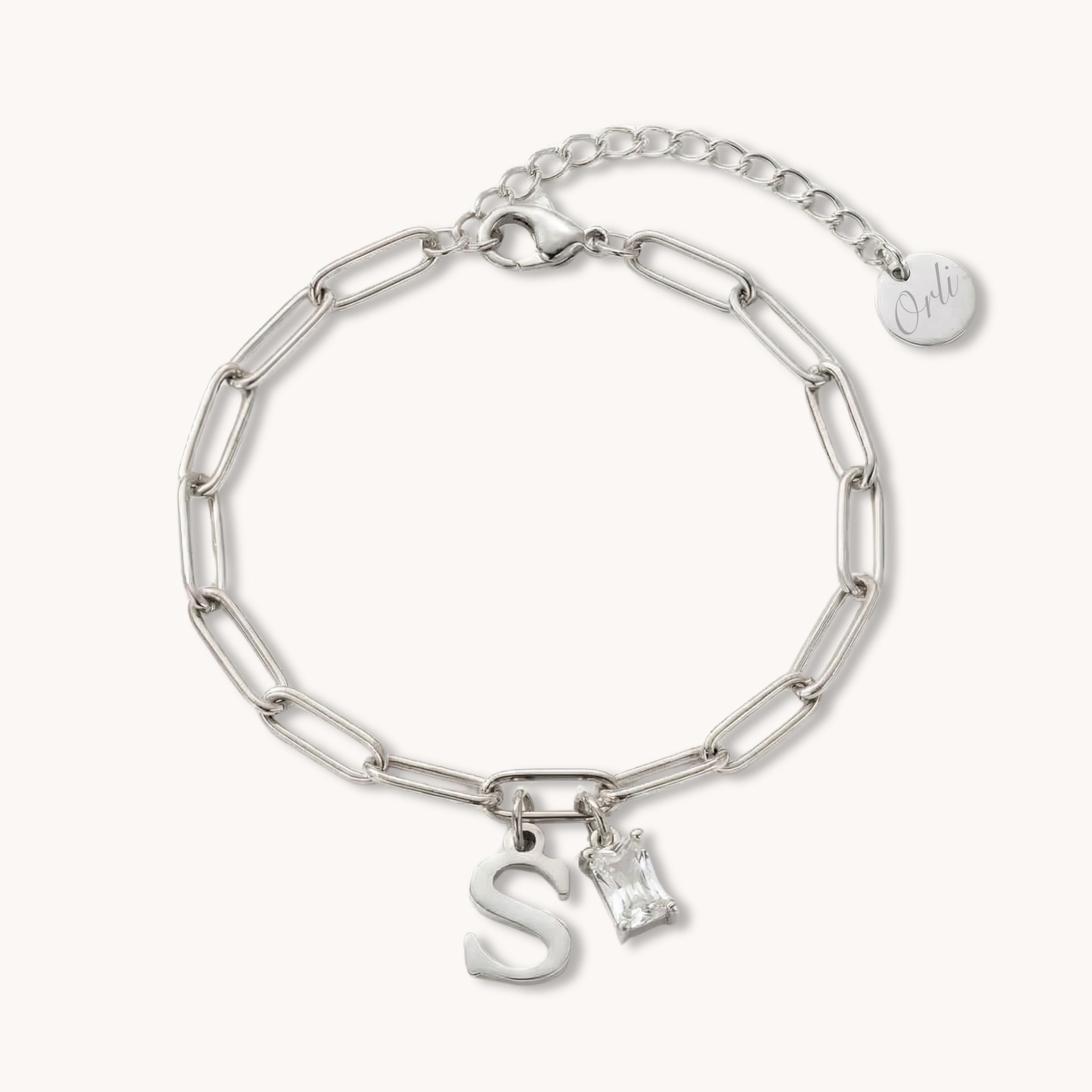 Initial & Birthstone Paperclip Chain Bracelet in Silver