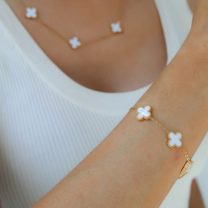 White Multi Clover Bracelet, Gold