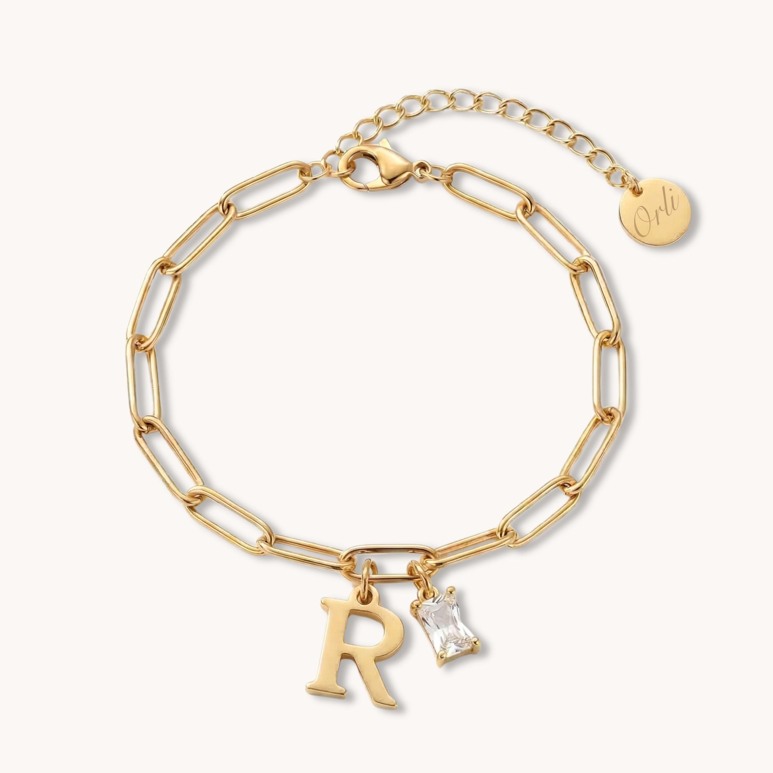 Initial & Birthstone Paperclip Chain Bracelet in Gold