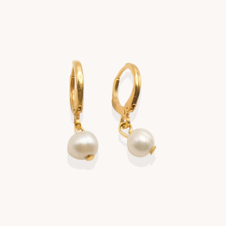 Pearl Huggie Hoops, Gold