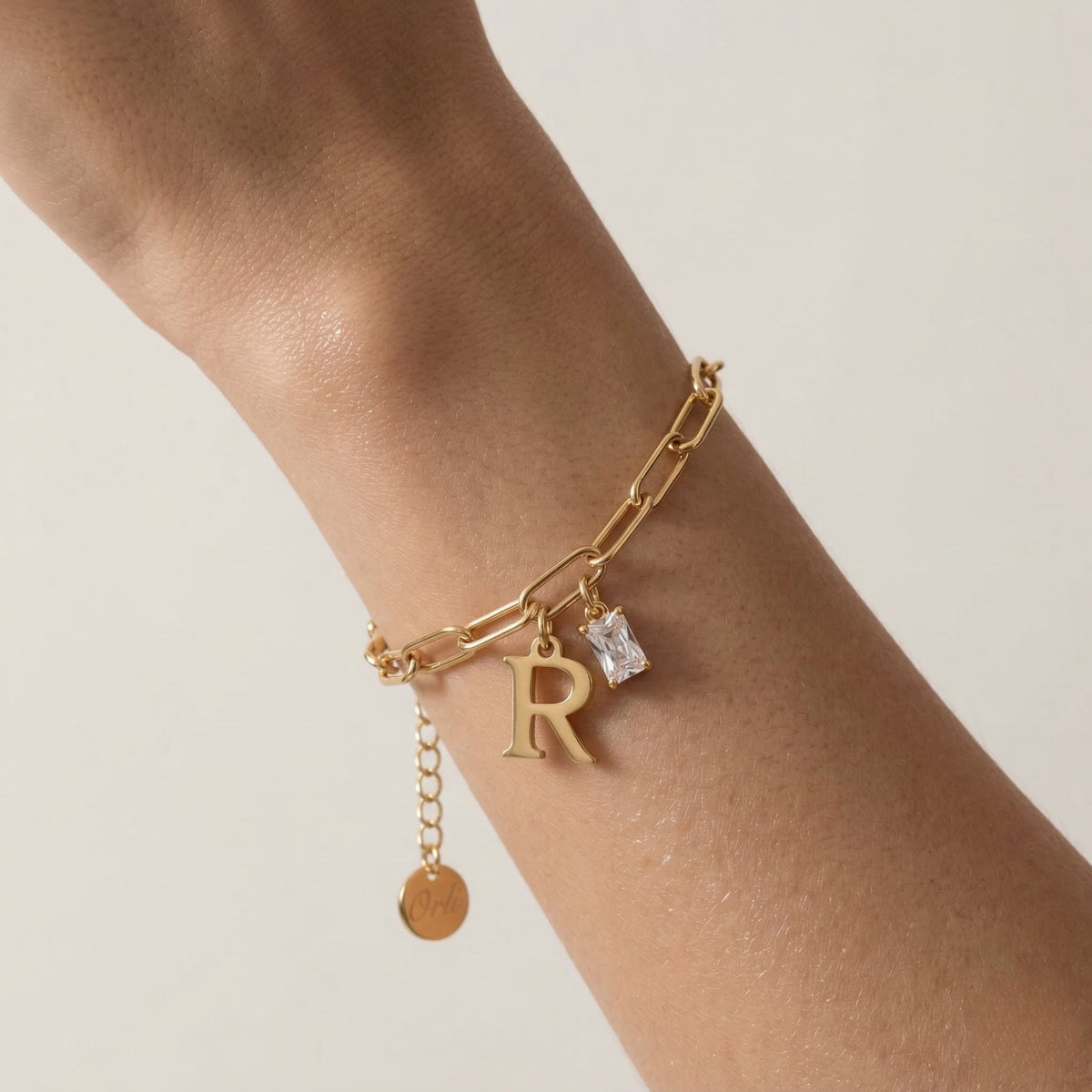 Initial & Birthstone Paperclip Chain Bracelet in Gold