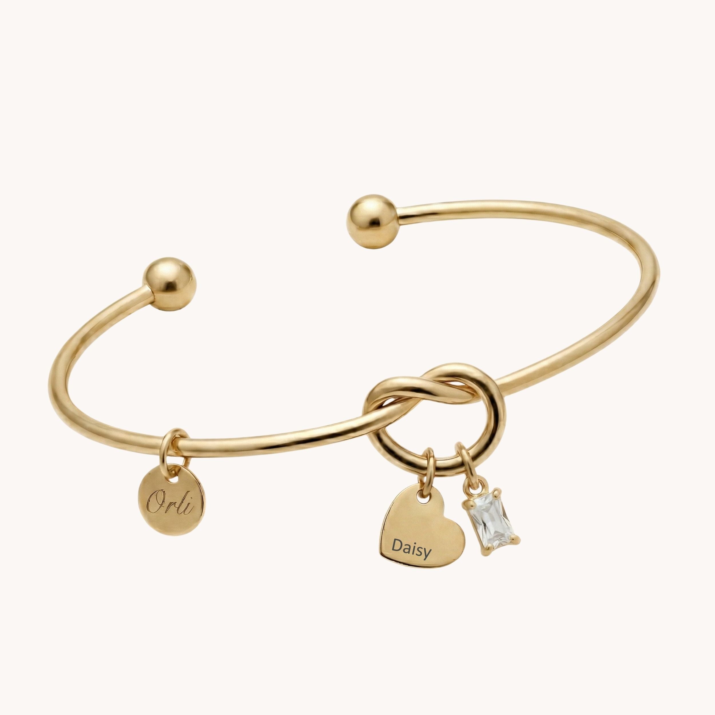 Mya Engravable Heart & Birthstone Knotted Bangle in Gold