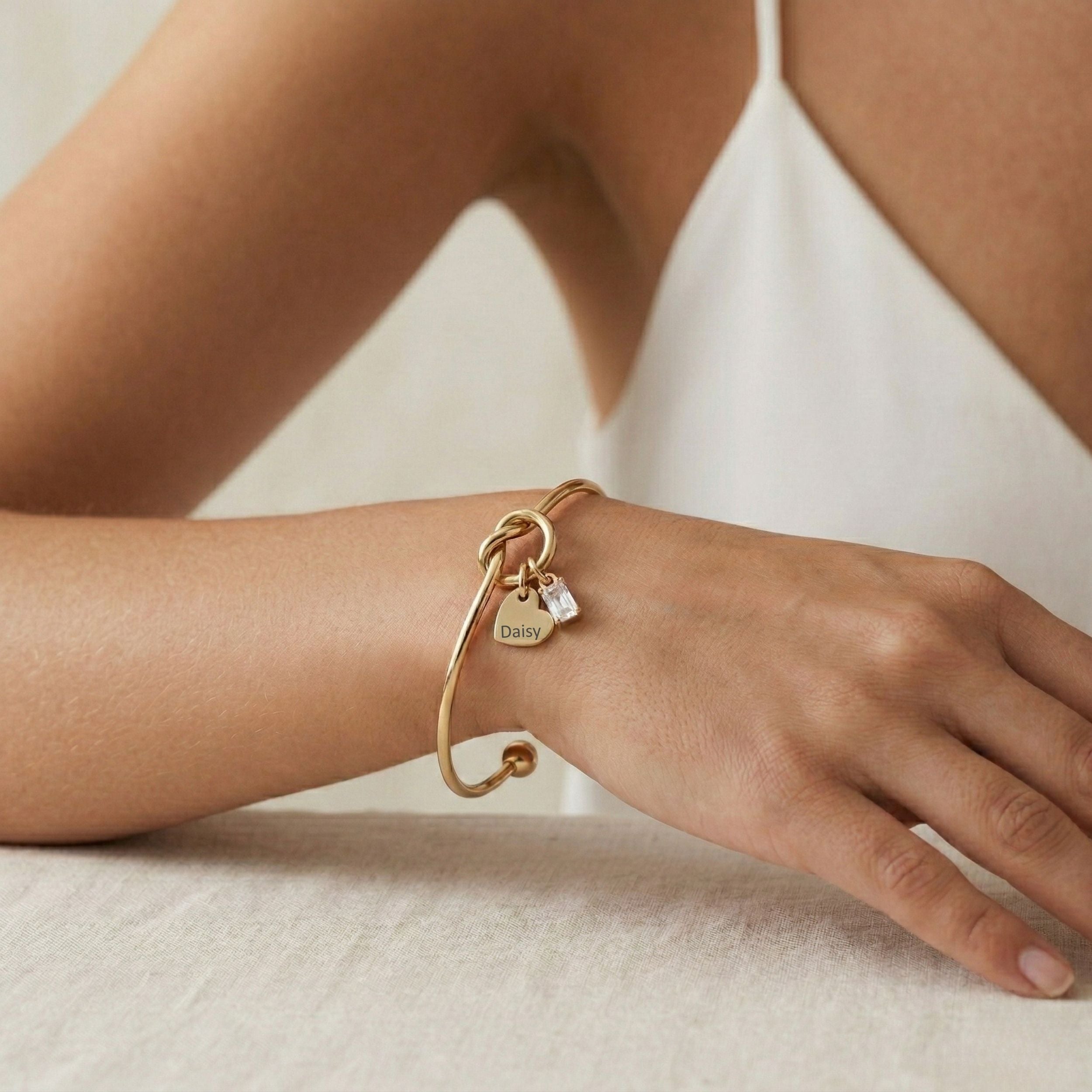 Mya Engravable Heart & Birthstone Knotted Bangle in Gold