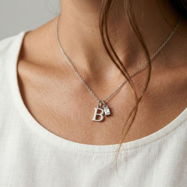 Initial & Birthstone Fine Chain Necklace in Silver