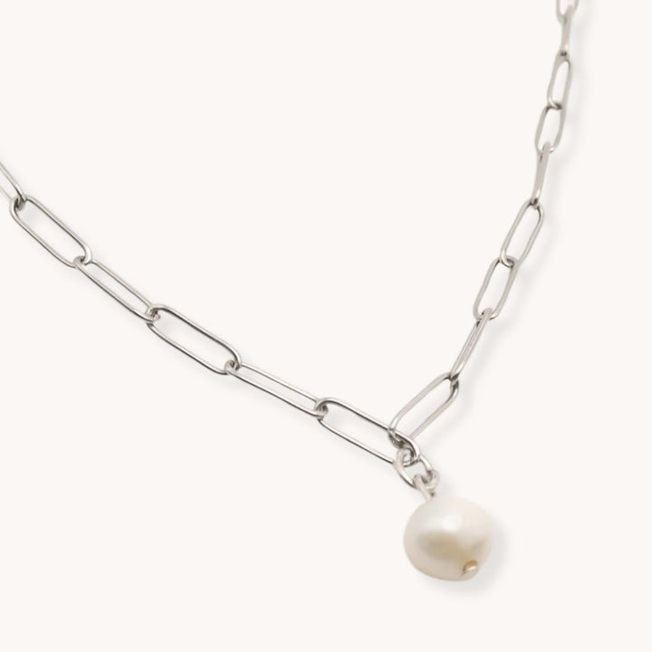 Paperclip Chain Pearl Necklace, Silver