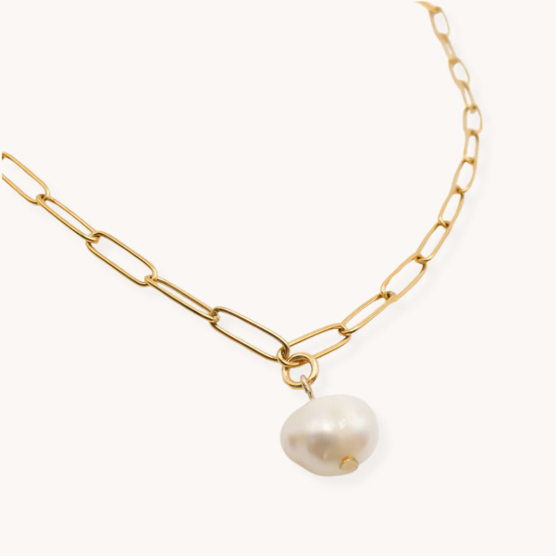 Paperclip Chain Pearl Necklace, Gold