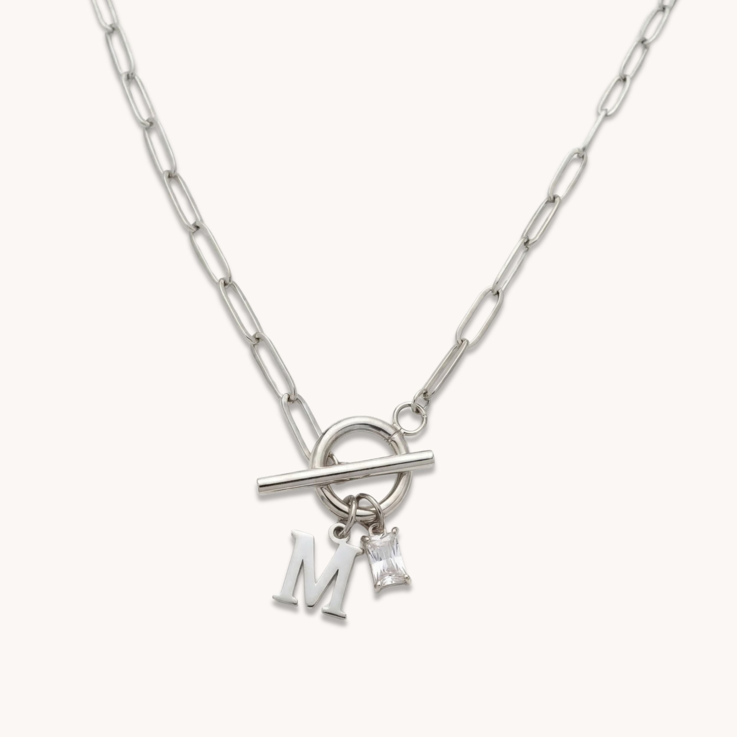 Gracie Initial & Birthstone T-Bar Necklace in Silver