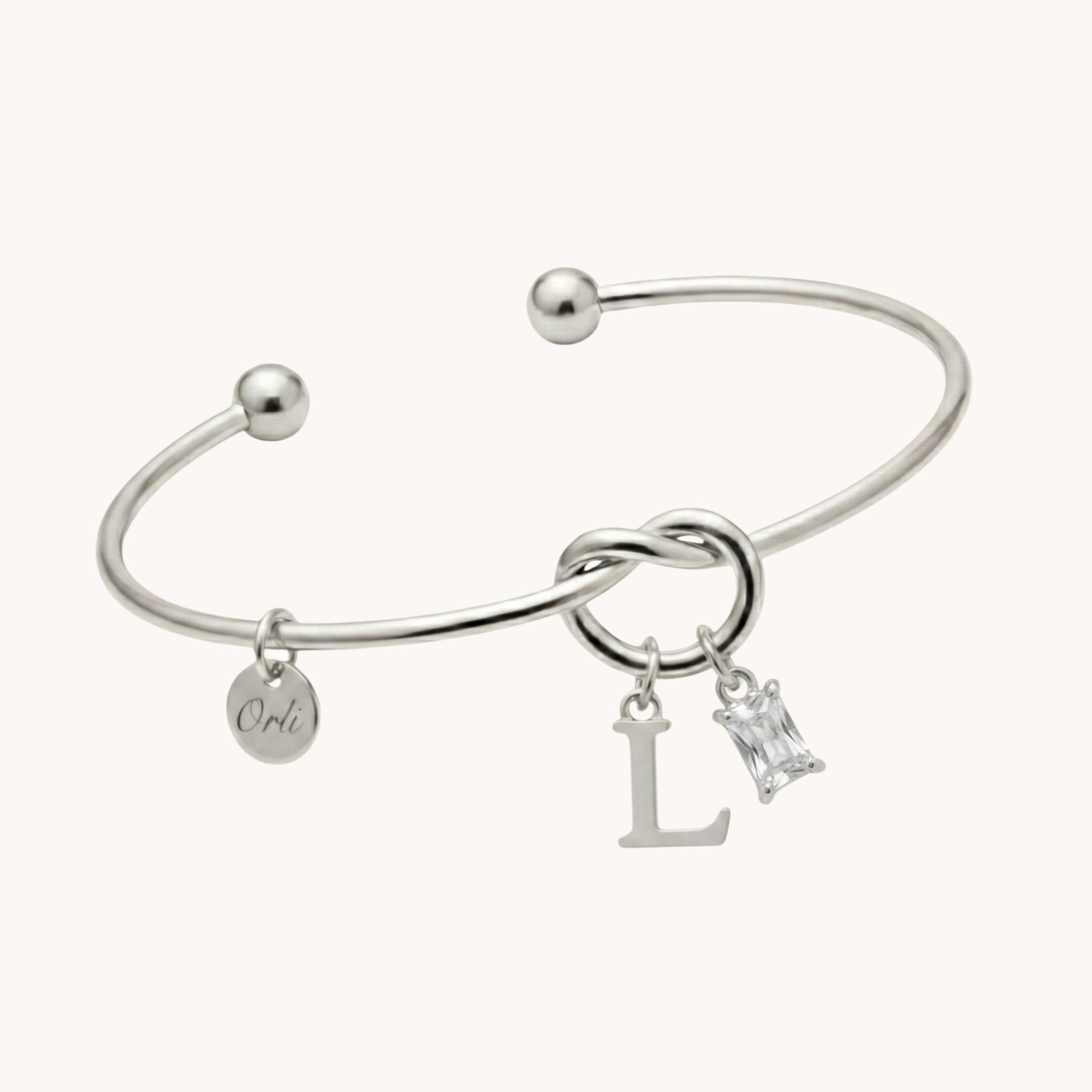Initial & Birthstone Knotted Bangle in Silver