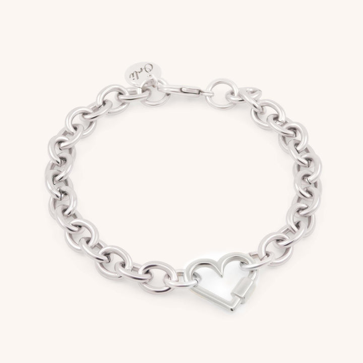 Chunky Oval Chain Bracelet with Heart Lock, Silver