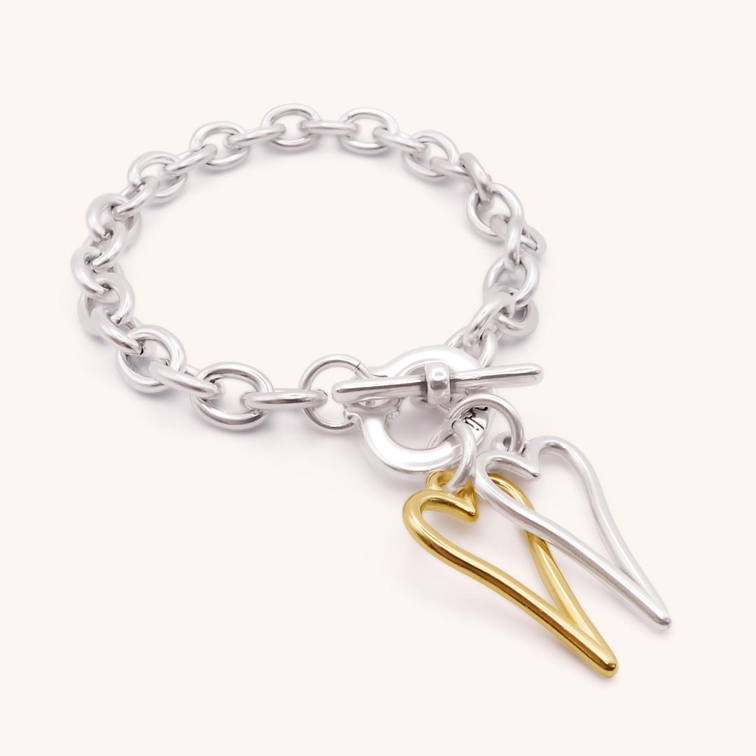 Twin Open Hourglass Heart T-Bar Bracelet, Silver and Gold