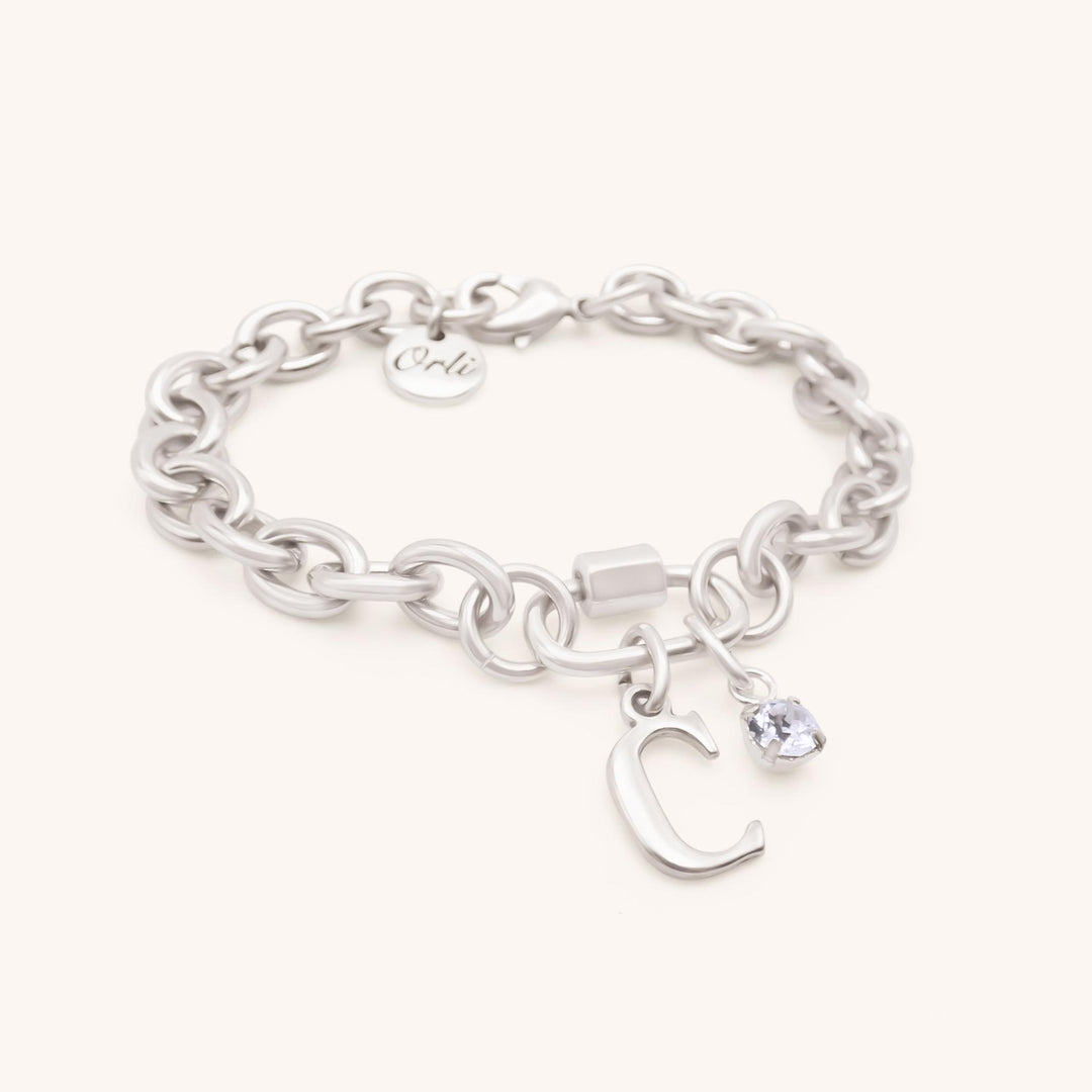 Initial & Birthstone Chunky Oval Lock Personalised Bracelet, Silver