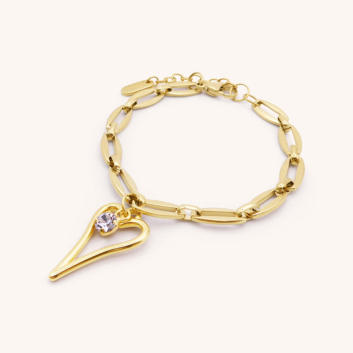 Open Hourglass Heart and Birthstone Long Link Bracelet, Gold