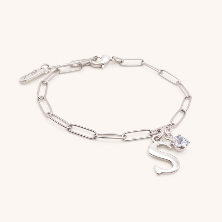 Initial & Birthstone Personalised Paperclip Chain Bracelet, Silver