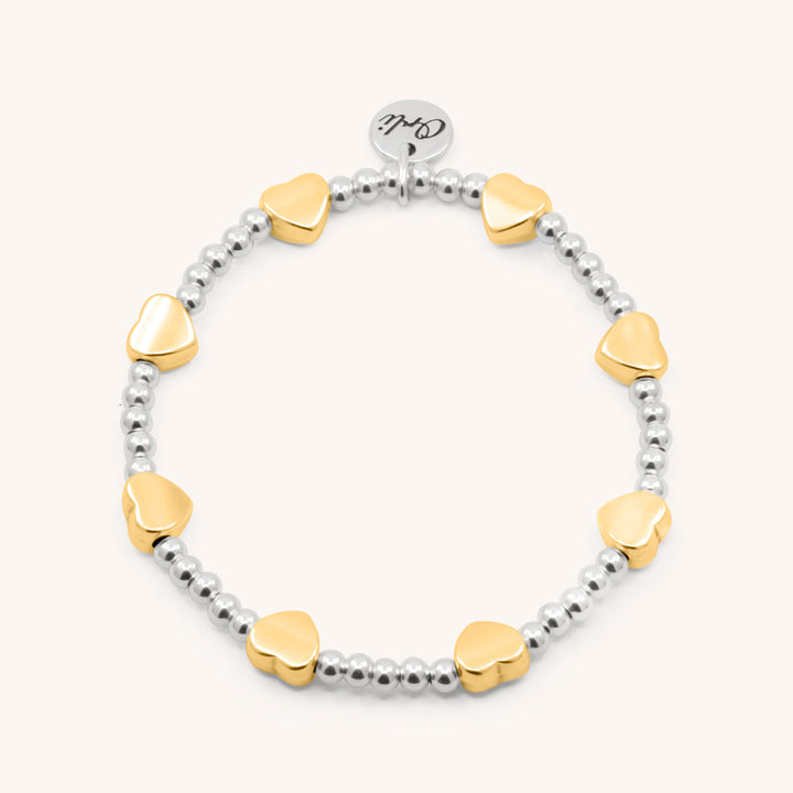 Heart Glider Beads Stretch Bracelet, Silver and Gold