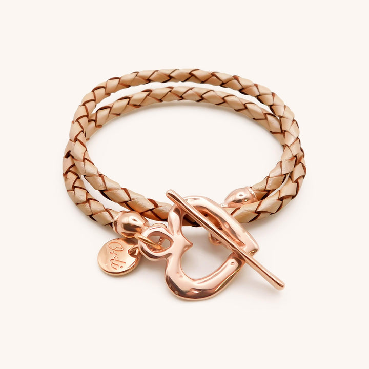 Pleated Leather Wrap Bracelet, Rose Gold & Pearlised Nude