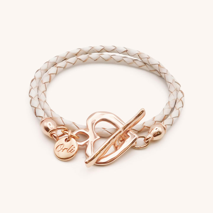 Pleated Leather Wrap Bracelet, Rose Gold & White