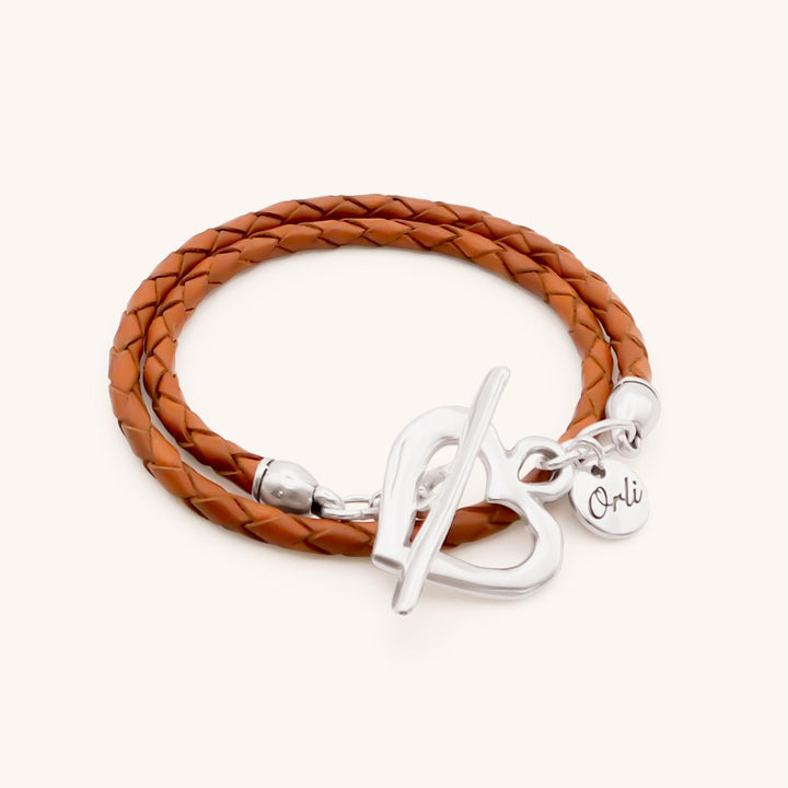 Pleated Leather Wrap Bracelet, Silver & Tan