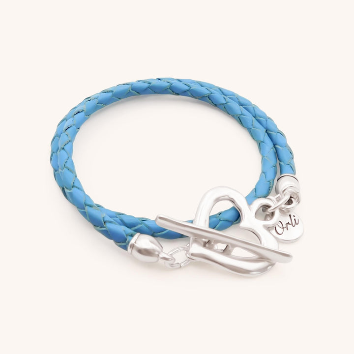 Pleated Leather Wrap Bracelet, Silver & Blue