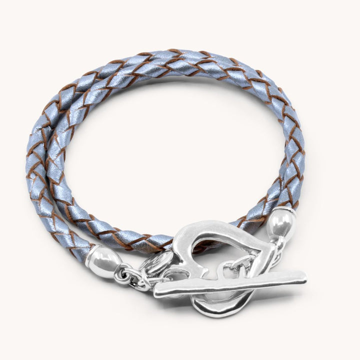Pleated Leather Wrap Bracelet, Silver & Metallic Grey