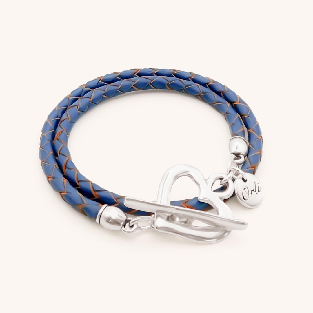 Pleated Leather Wrap Bracelet, Silver & Denim