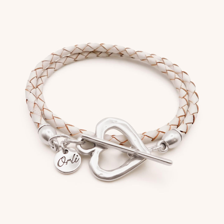 Pleated Leather Wrap Bracelet, Silver & White