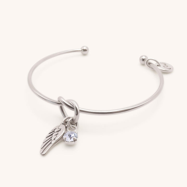 Personalised Knotted Bangle with Angel Wing & Birthstone, Silver