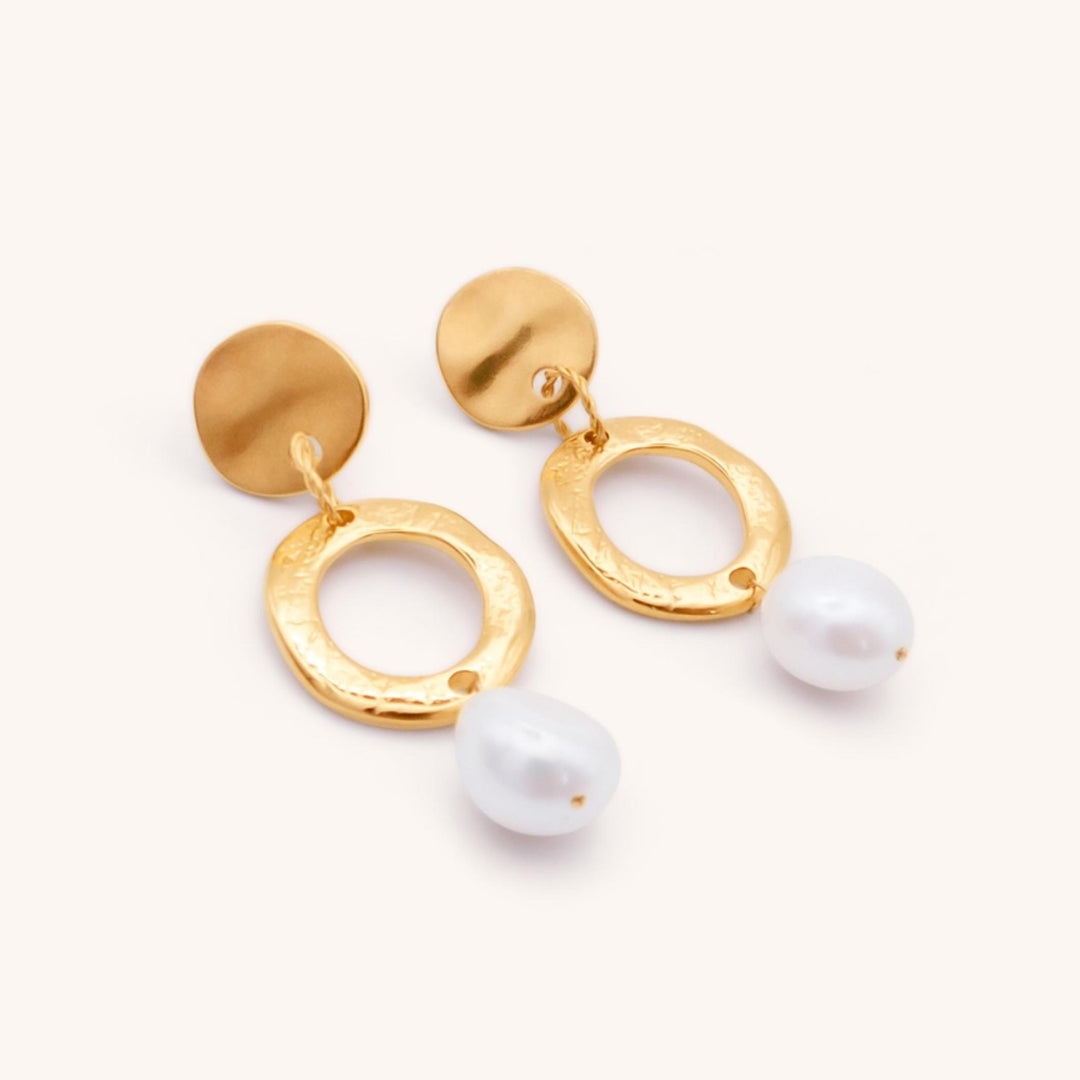 Textured Circle Drop Pearl Stud Earrings, Gold