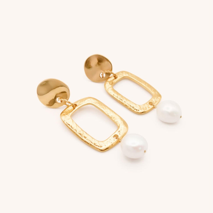 Textured Square Drop Pearl Stud Earrings, Gold